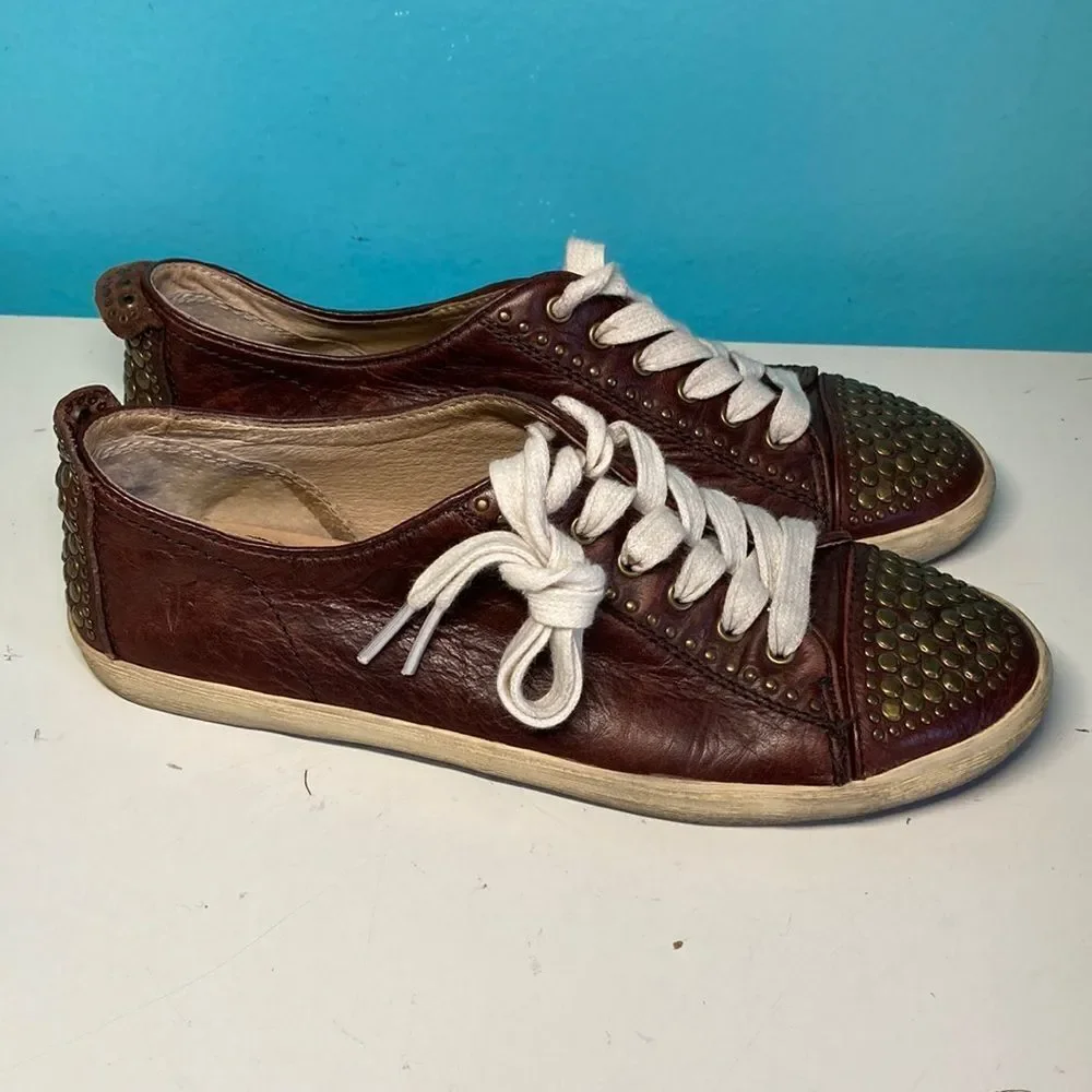 Frye Kira Studded Low Sneaker Brown Leather 7